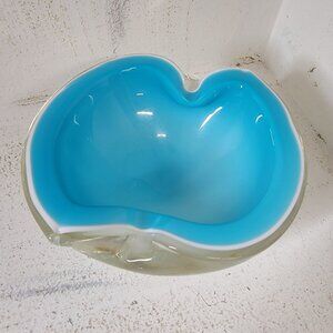 Alfredo Barbini Mid Century Murano Cased Glass Ashtray Blue and White